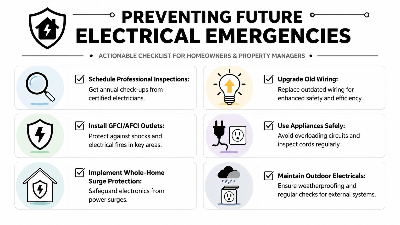 An informative infographic listing essential tips for homeowners to prevent future electrical emergencies and ensure home safety.