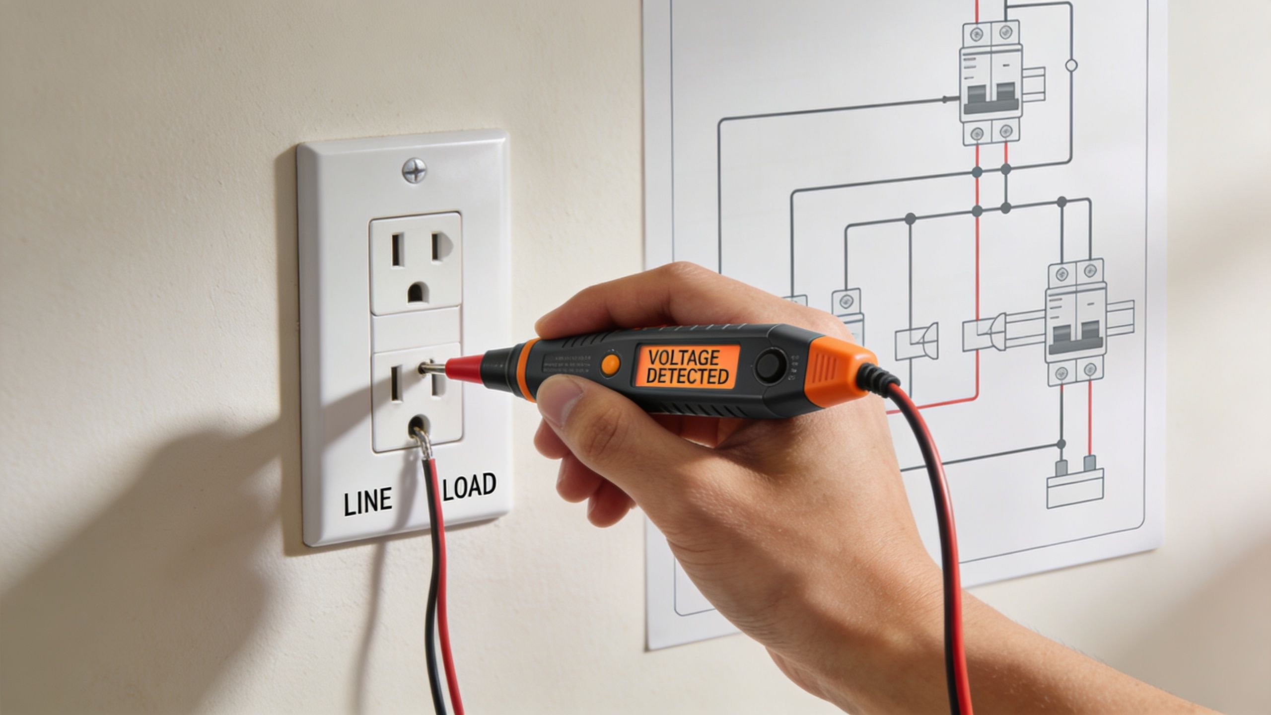A person using a voltage detector tool to test an electrical outlet for potential hazards.