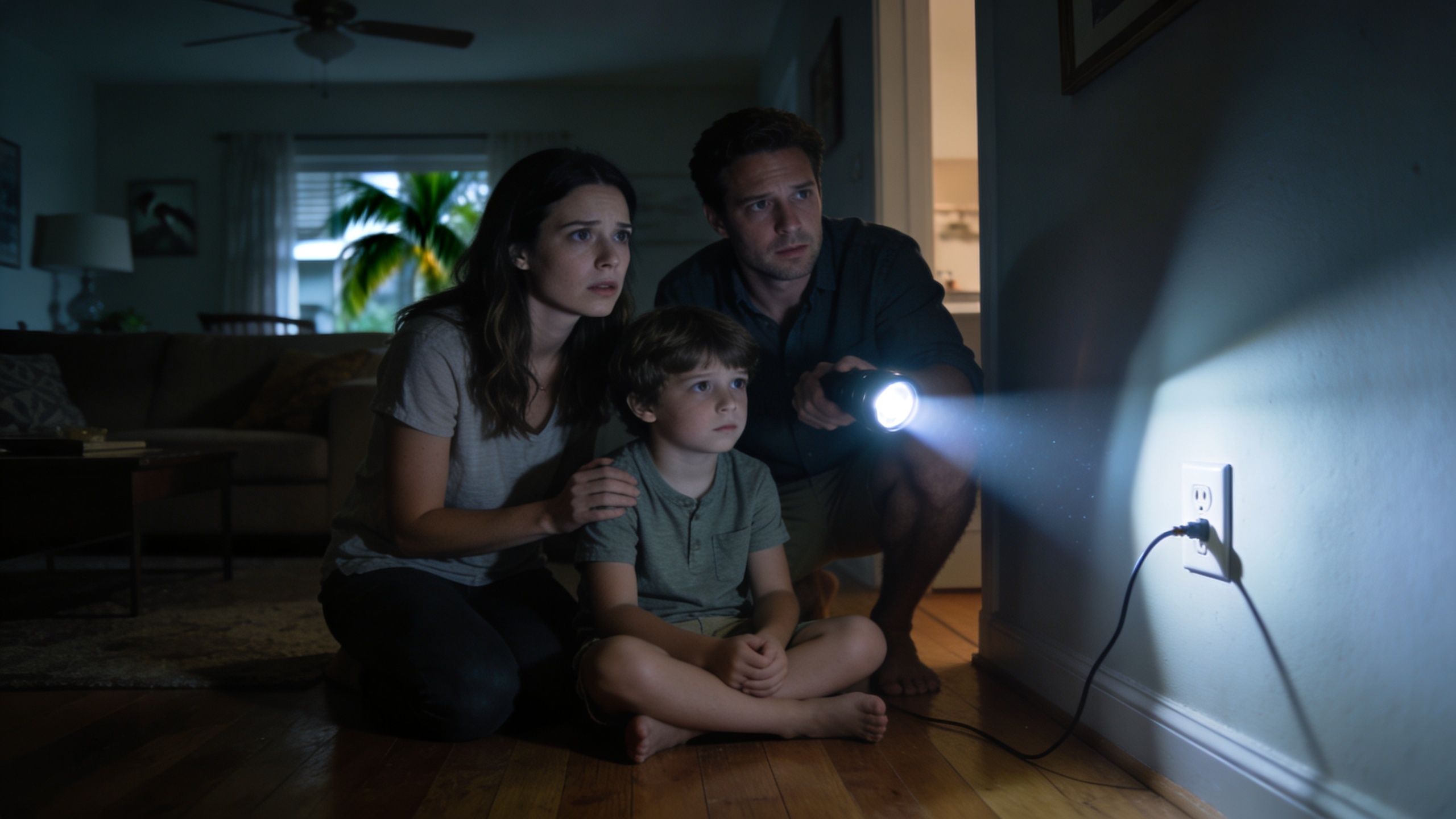 A concerned family of three examines a wall electrical outlet with a flashlight in a dimly lit home.