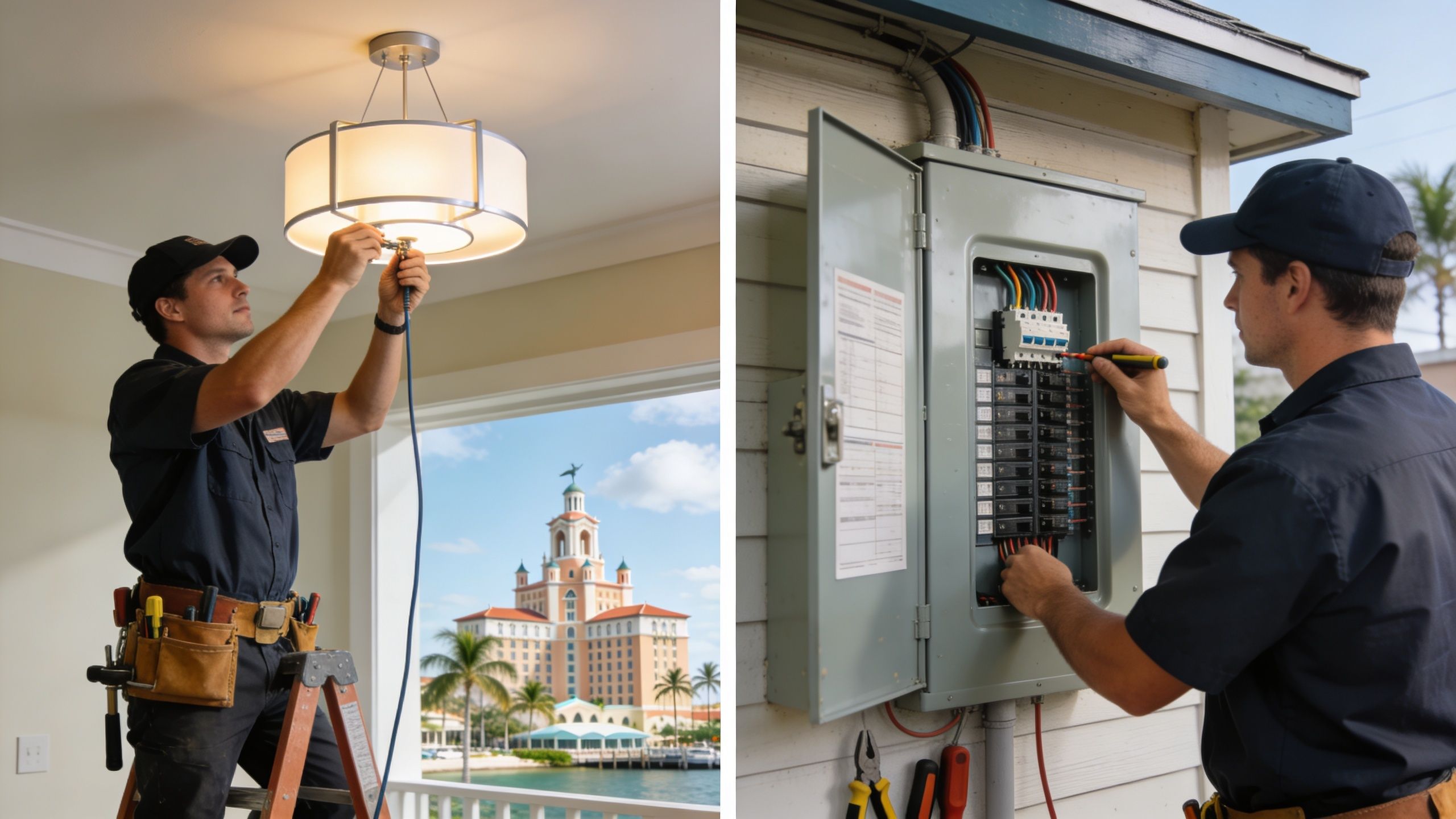 A professional electrician performing repair and maintenance work on lighting and electrical systems in South Florida.