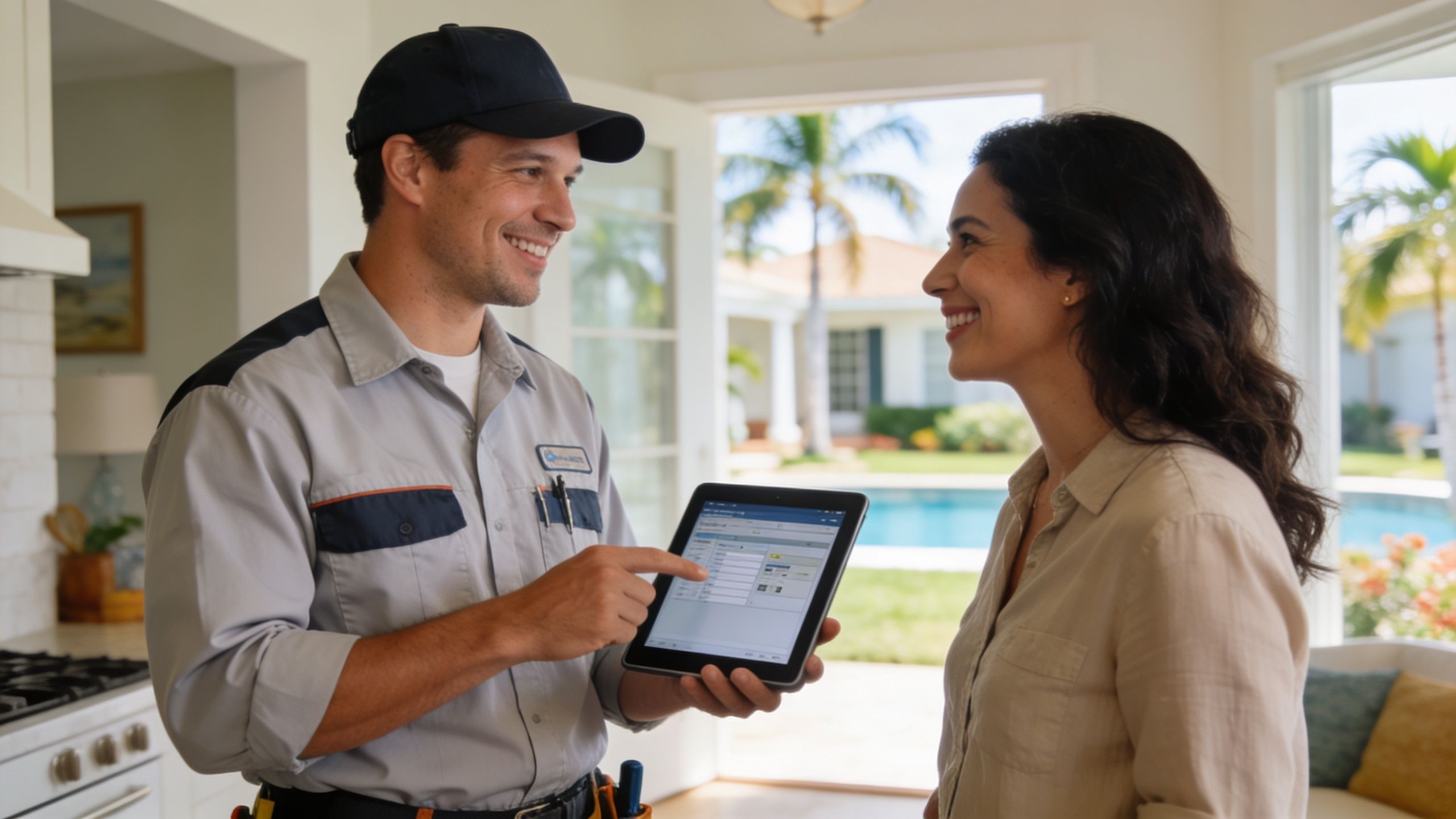 A friendly electrical technician showing a tablet to a smiling homeowner inside a modern, sunny residence.