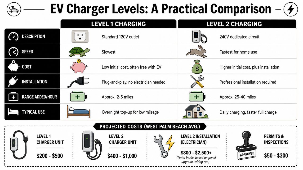 A comparison chart showing differences between Level 1 and Level 2 electric vehicle home charging options.