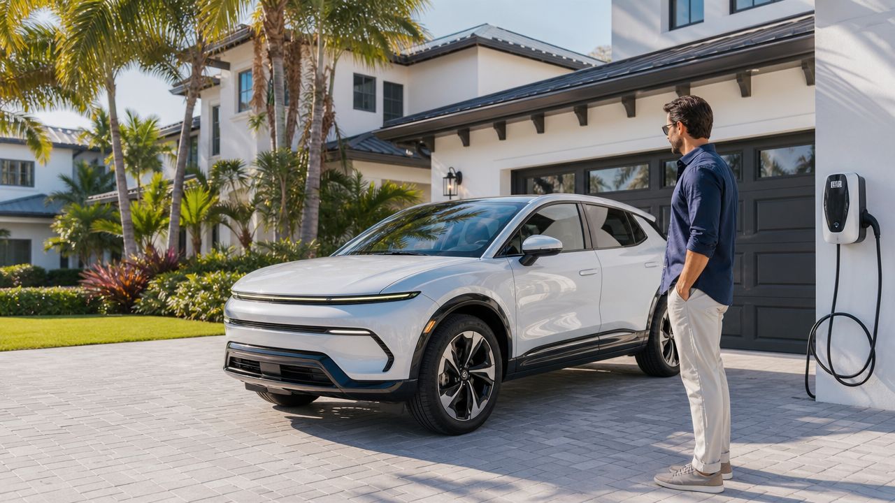 A man standing next to his white electric vehicle parked in the driveway of a luxury home.