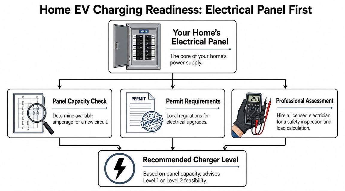 A flowchart showing the steps to evaluate home electrical panels for electric vehicle charging readiness.