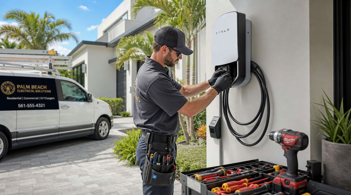A professional electrician installing a wall-mounted Tesla electric vehicle charging station at a residential home exterior.