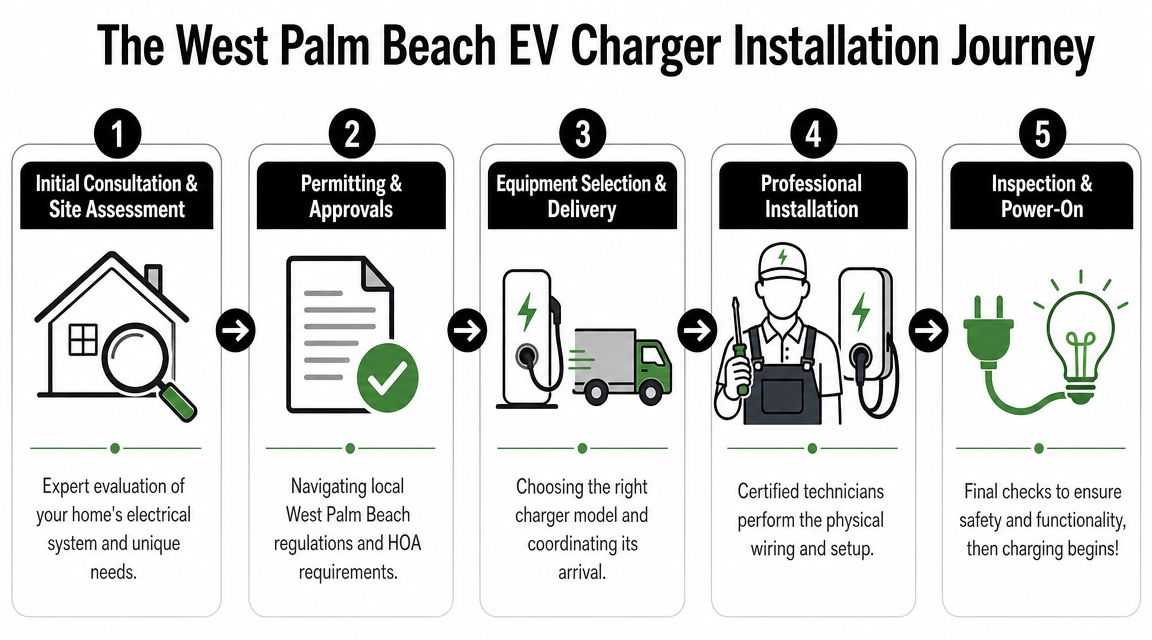 image 2 EV Charger Installation in West Palm Beach FL: A 2026 Guide EV charger installation in West Palm Beach FL isn't just about mounting a box on the garage wall. Key considerations include electrical capacity, permit compliance, charger placement, and making sure the equipment will keep working in a South Florida environment. If the installation is rushed, or worse, treated like a DIY appliance hookup, the weak point usually isn't the charger. It's the panel, the wiring, or the approval process that got skipped. The West Palm Beach Installation Process from Permit to Power-On