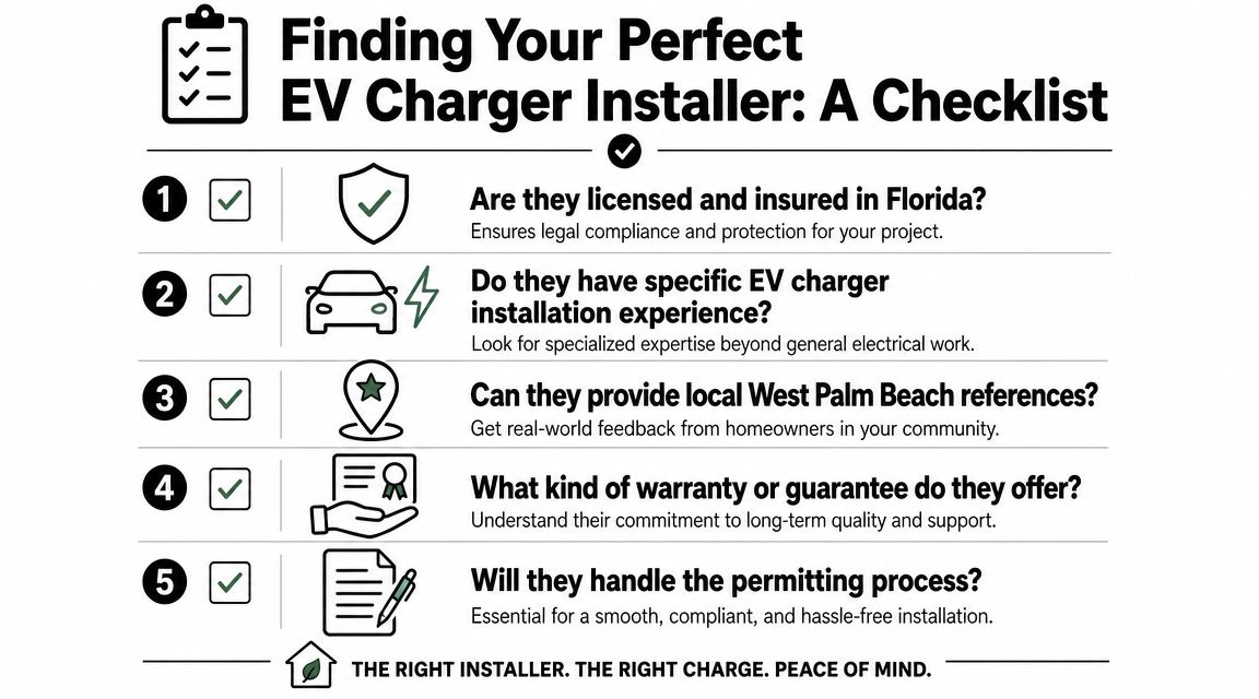 image 4 EV Charger Installation in West Palm Beach FL: A 2026 Guide EV charger installation in West Palm Beach FL isn't just about mounting a box on the garage wall. Key considerations include electrical capacity, permit compliance, charger placement, and making sure the equipment will keep working in a South Florida environment. If the installation is rushed, or worse, treated like a DIY appliance hookup, the weak point usually isn't the charger. It's the panel, the wiring, or the approval process that got skipped. How to Choose a Qualified EV Charger Installer