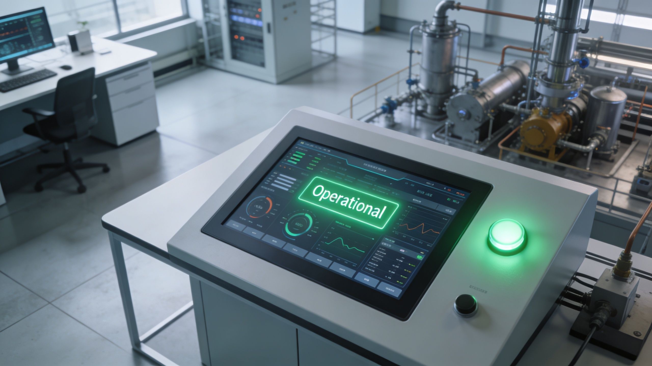 A sleek digital control console displaying an operational status screen within an industrial facility environment.