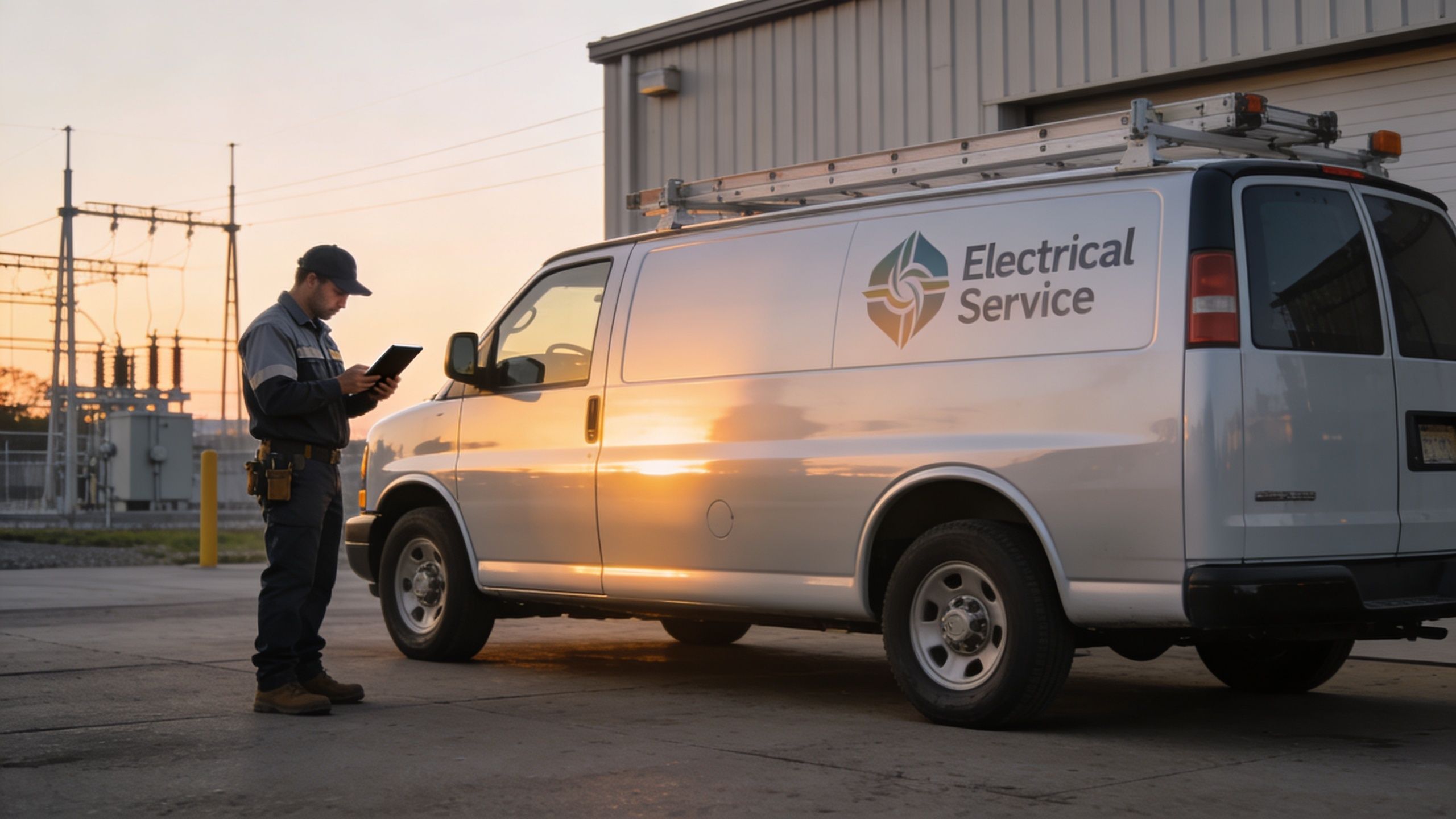 An electrical contractor standing beside his service van holding a digital tablet near an industrial power station.
