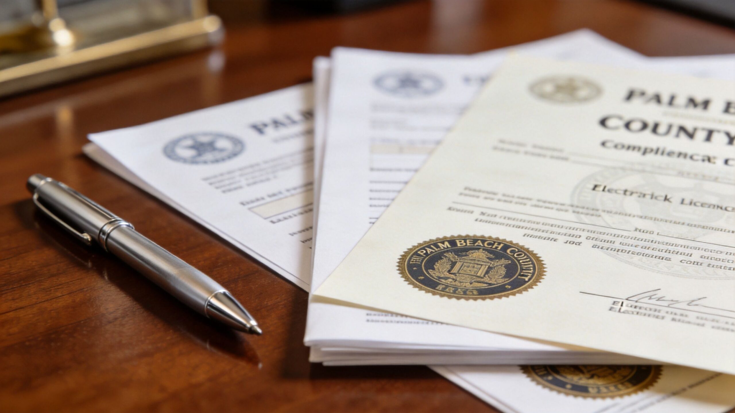 A professional document with Palm Beach County official seal rests on a wooden desk beside a pen.