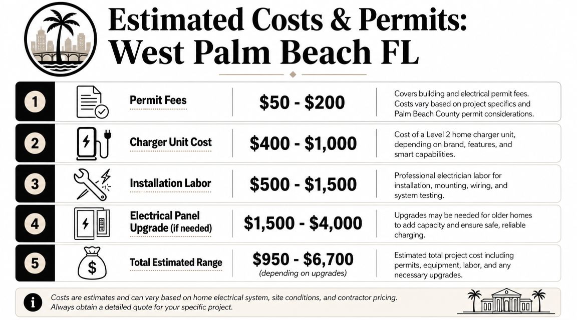 level 2 ev charger installation in west palm beach fl cost chart Expert Level 2 EV Charger Installation in West Palm Beach FL The part that usually gets missed is this. Level 2 EV charger installation in West Palm Beach FL isn't just about buying a charger and hanging it on the wall. It's an electrical project that has to fit your panel, your parking layout, Palm Beach County permit requirements, and in a lot of South Florida homes, the heavy load already created by air conditioning. A chart showing estimated costs and permits for Level 2 EV charger installation in West Palm Beach, Florida.