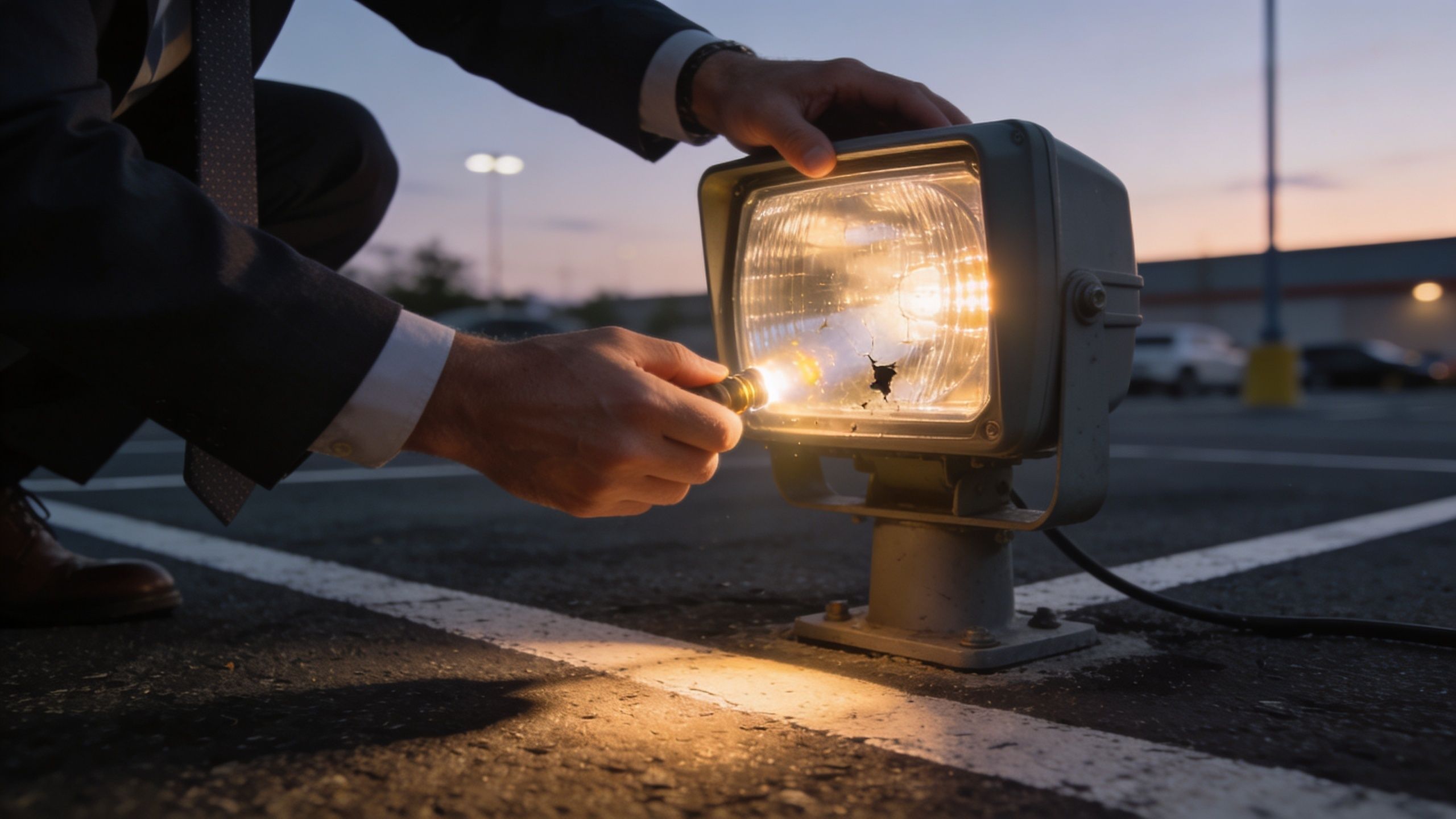 A person in a business suit inspecting a damaged outdoor parking lot light fixture during twilight hours.