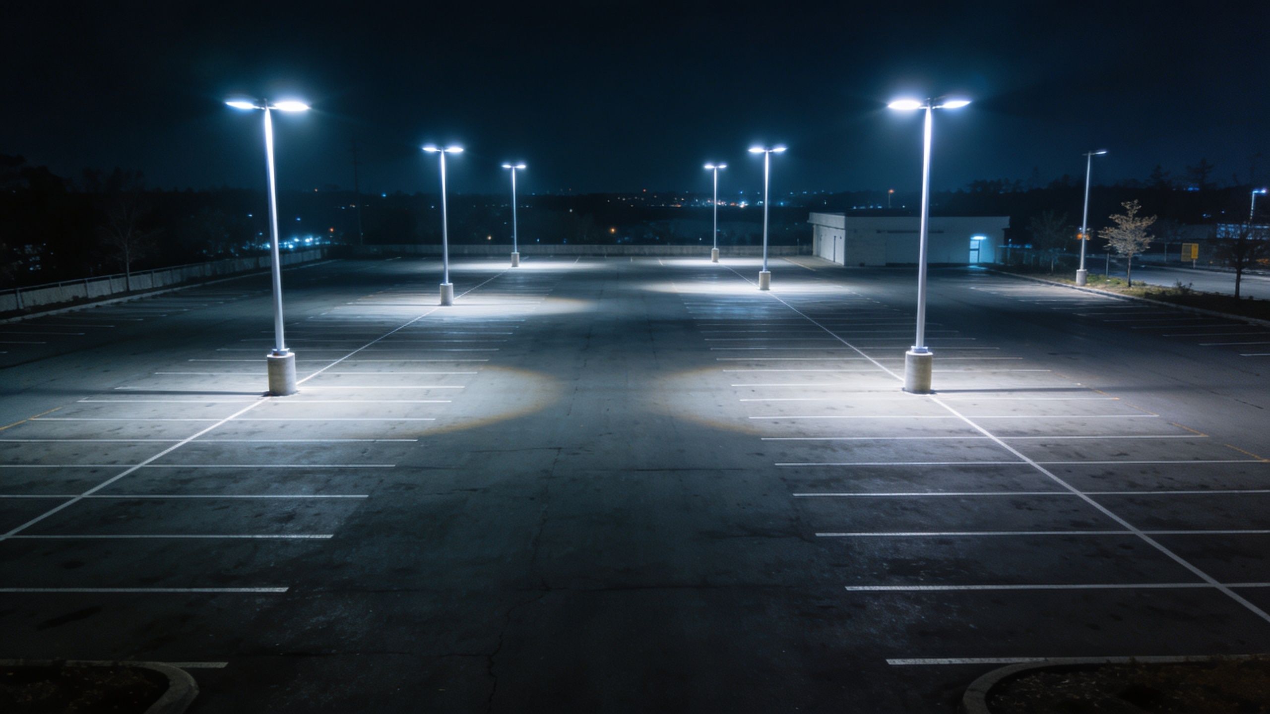 An empty parking lot at night illuminated by several tall LED street lights casting bright light pools.