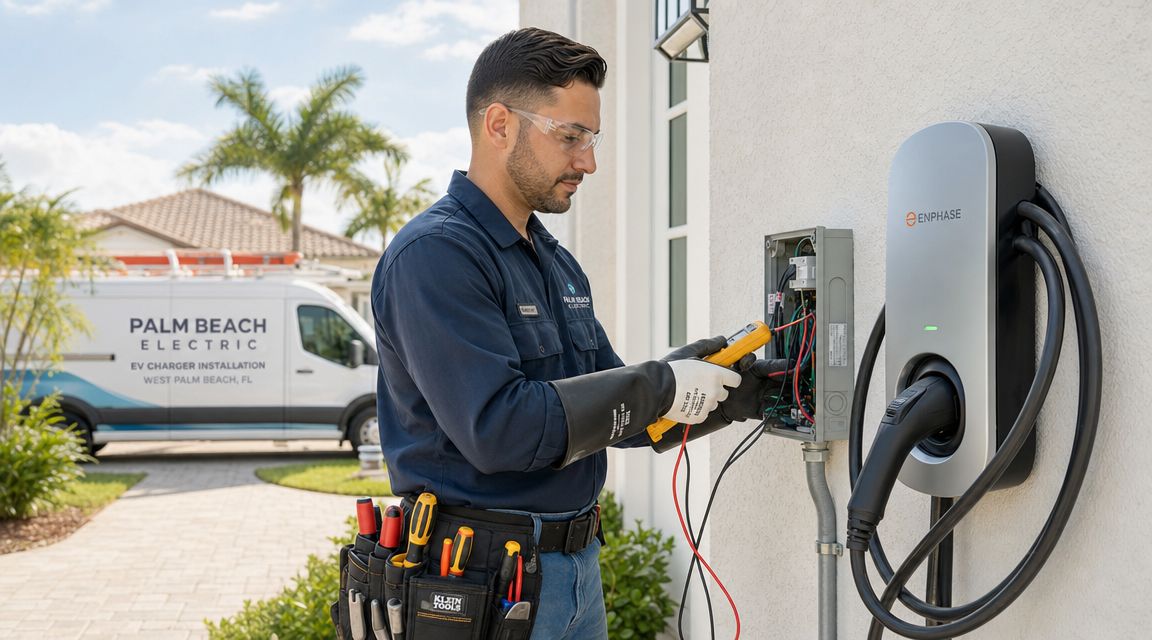 A professional electrician from Palm Beach Electric installs an Enphase residential EV charger at a home.