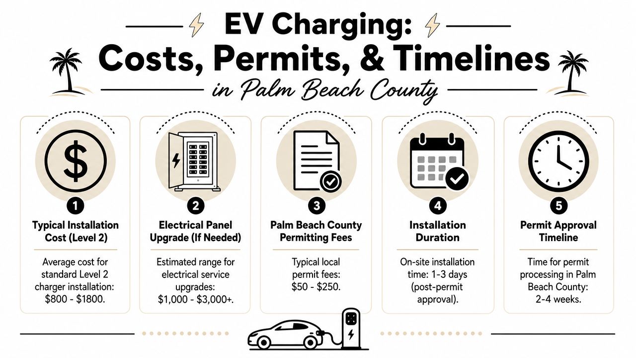 An infographic showing costs, permitting fees, and installation timelines for EV chargers in Palm Beach County.