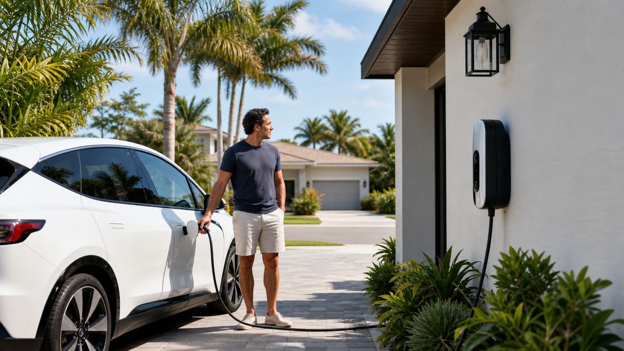 A man in a casual outfit plugs a charging cable into his white electric vehicle at home.