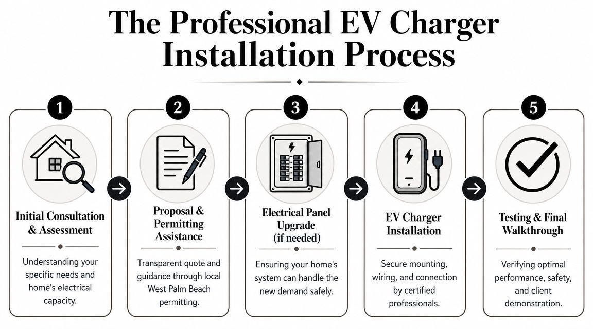 A five-step infographic showing the professional residential EV charger installation process in West Palm Beach, Florida.