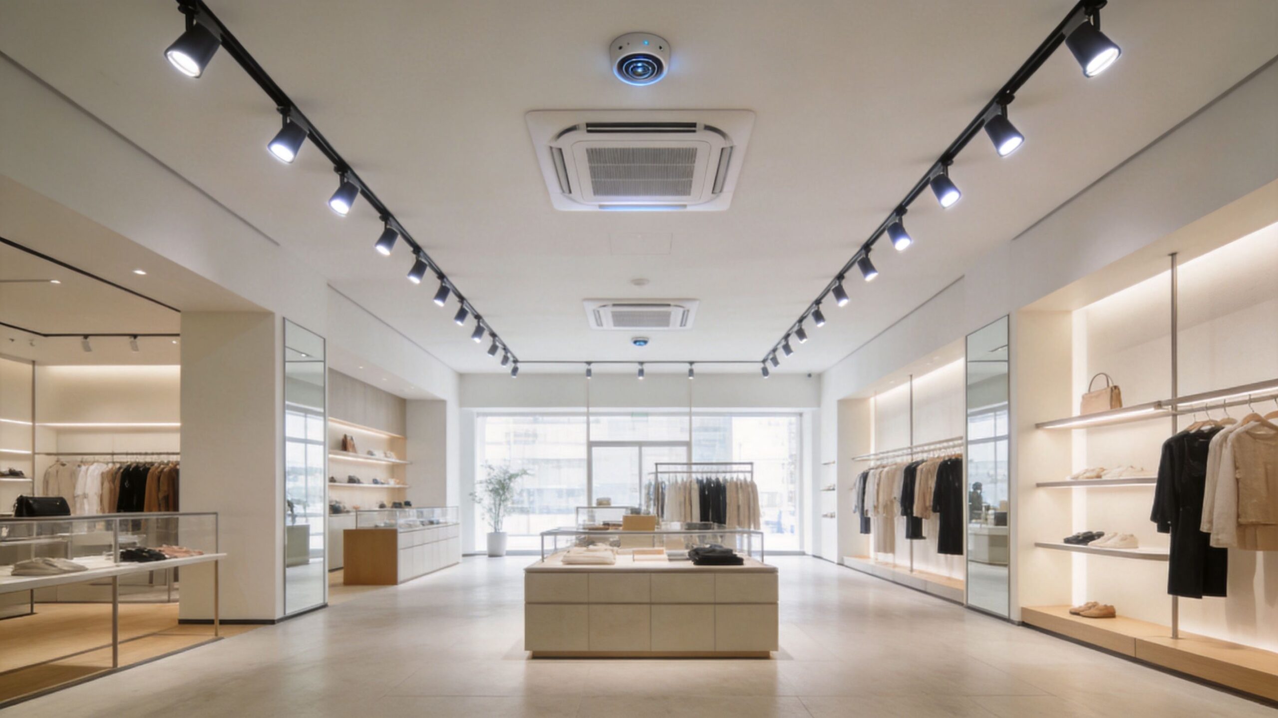 A modern, bright clothing store with minimalist interior design featuring display shelves, clothing racks, and professional track lighting.