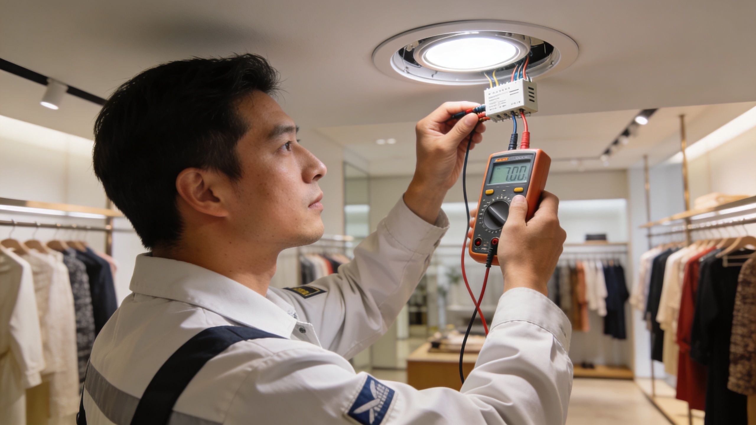 An electrician wearing a uniform uses a multimeter to inspect the wiring of a retail store ceiling light.