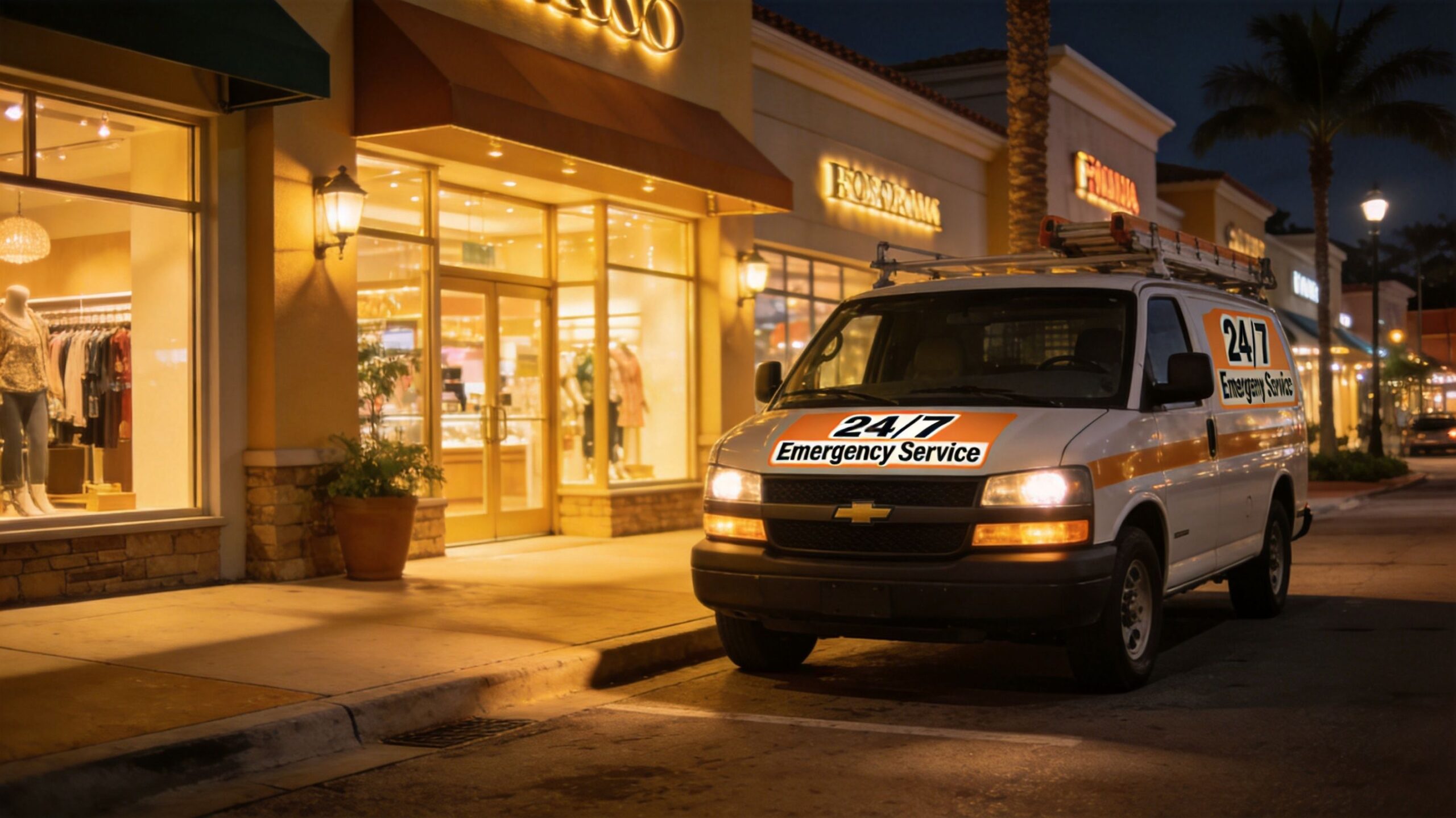 An emergency service van parked in front of a brightly lit retail store at night.