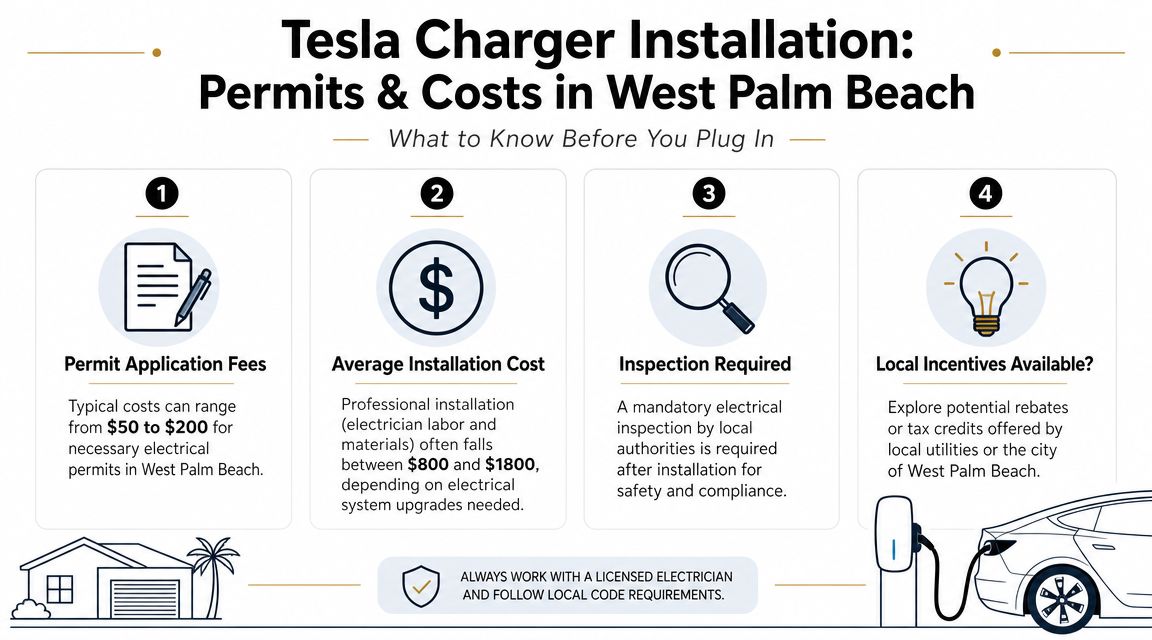 tesla charger installation in west palm beach fl installation guide Tesla Charger Installation in West Palm Beach FL Guide That's where Tesla charger installation in West Palm Beach FL stops being a product question and becomes an electrical planning question. In Palm Beach County, the difference between a clean install and an expensive headache usually comes down to panel capacity, charger location, permit handling, and whether the electrician thinks through the whole path before touching a wire. An infographic detailing steps and costs for installing a Tesla EV charger in West Palm Beach, Florida.