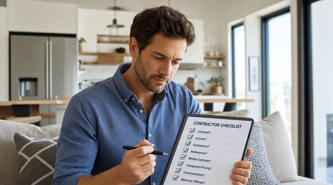 A man in a blue shirt reviewing a contractor checklist on a tablet while sitting on a sofa.