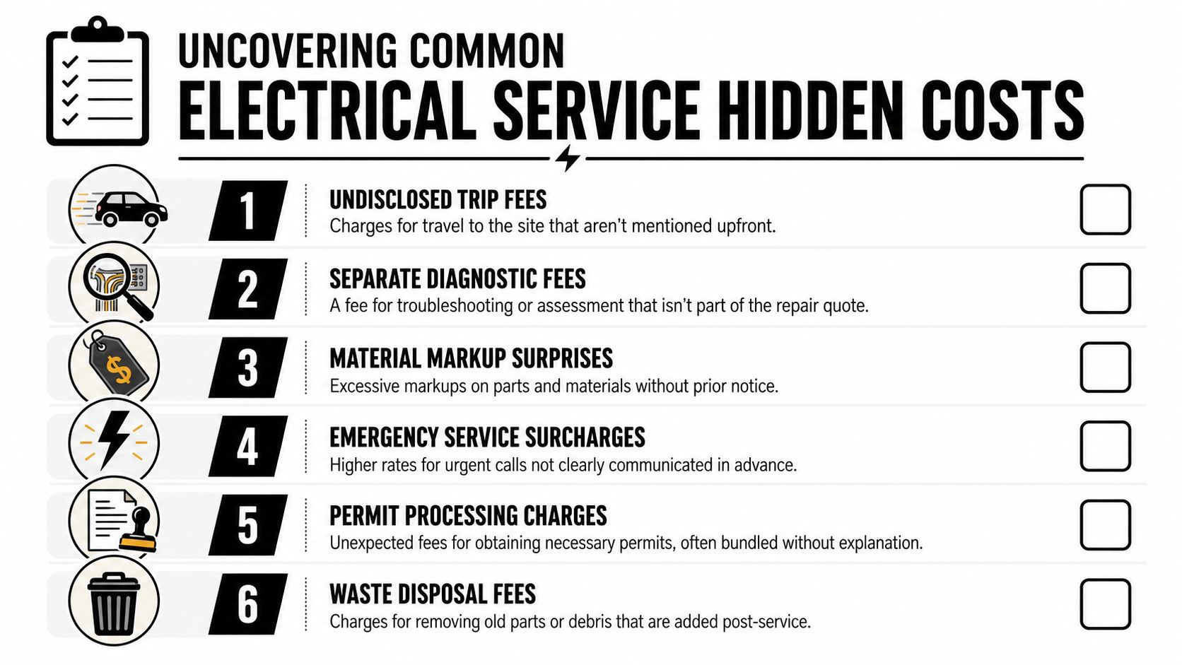 An infographic list detailing six common hidden costs associated with professional electrical services for homeowners.