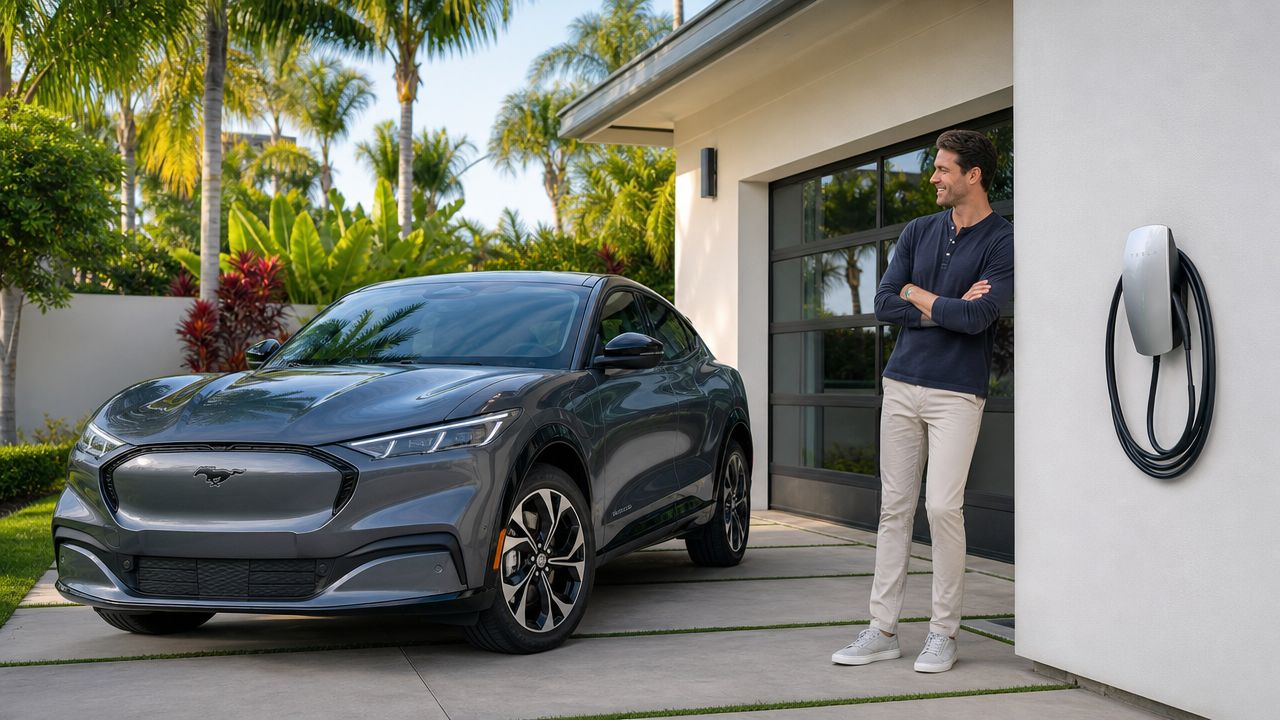 A man stands beside a dark grey electric Ford Mustang parked at home next to a Tesla charger.