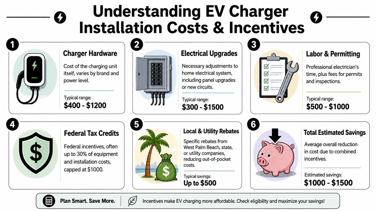 An infographic showing EV charger installation costs, electrical upgrades, permits, federal tax credits, and local utility rebates.