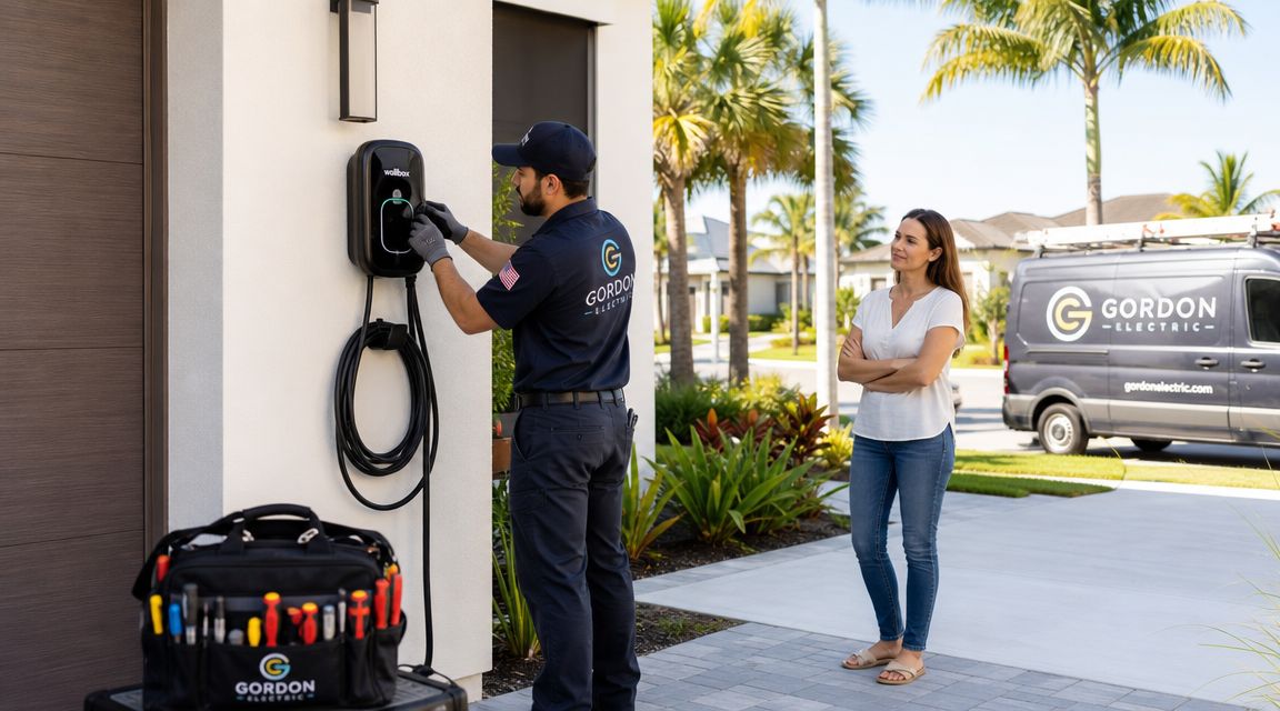 A professional electrician from Gordon Electric installs a home EV wall charger for a female homeowner.
