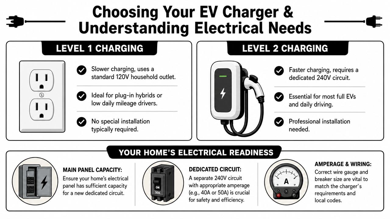best ev charger installer in west palm beach fl ev charging 1 Find the Best EV Charger Installer in West Palm Beach FL West Palm Beach homes also vary a lot. Some have attached garages with easy panel access. Some have older service equipment, detached parking, condo or townhouse constraints, or long runs from the panel to the mounting point. That's why hyperlocal experience matters. The best EV charger installer in West Palm Beach FL won't treat every house like the same house. An infographic showing the difference between Level 1 and Level 2 EV home charging stations.
