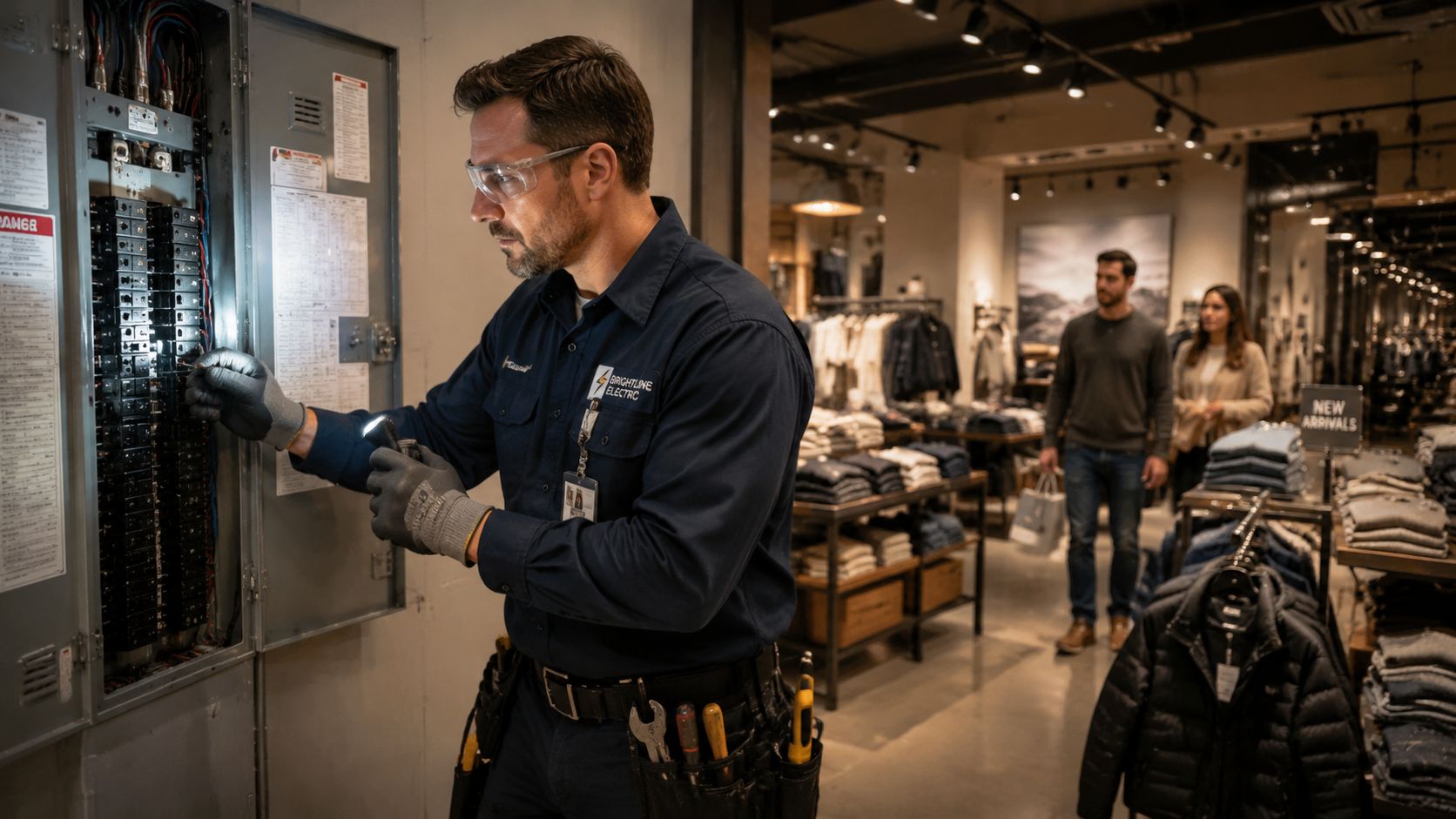 A professional electrician in work clothes performing maintenance on a electrical breaker panel in a clothing store.