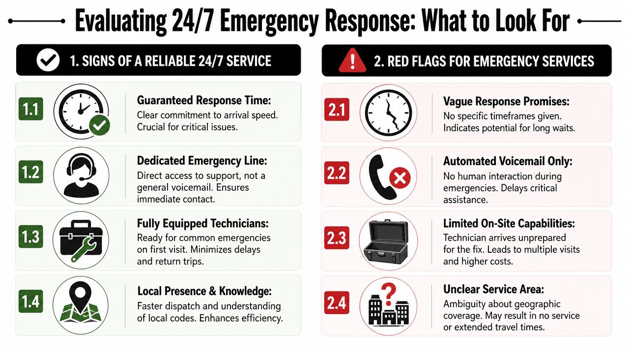 An infographic comparing the signs of reliable 24/7 emergency services against red flags to watch out for.