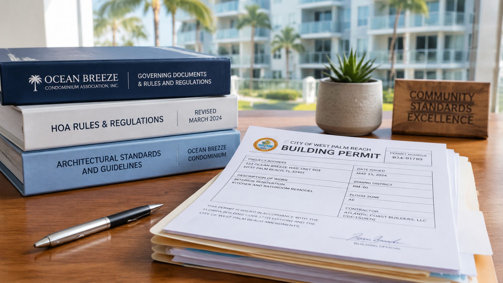 A stack of HOA rule books, a pen, and a City of West Palm Beach building permit.