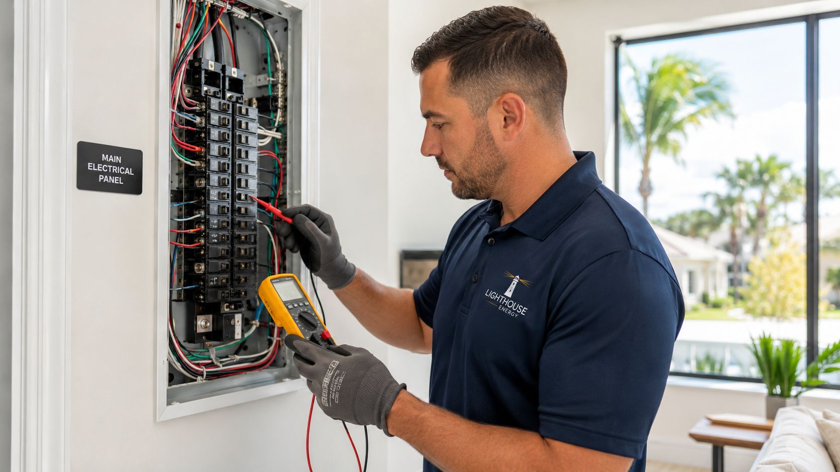A professional electrician from Lighthouse Energy testing voltage in a home main electrical panel with a multimeter.