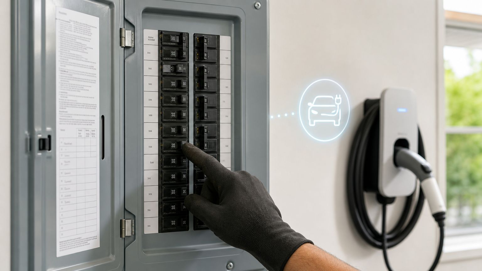 An electrician wearing protective gloves installs an electric vehicle charger connection in a home circuit breaker panel.