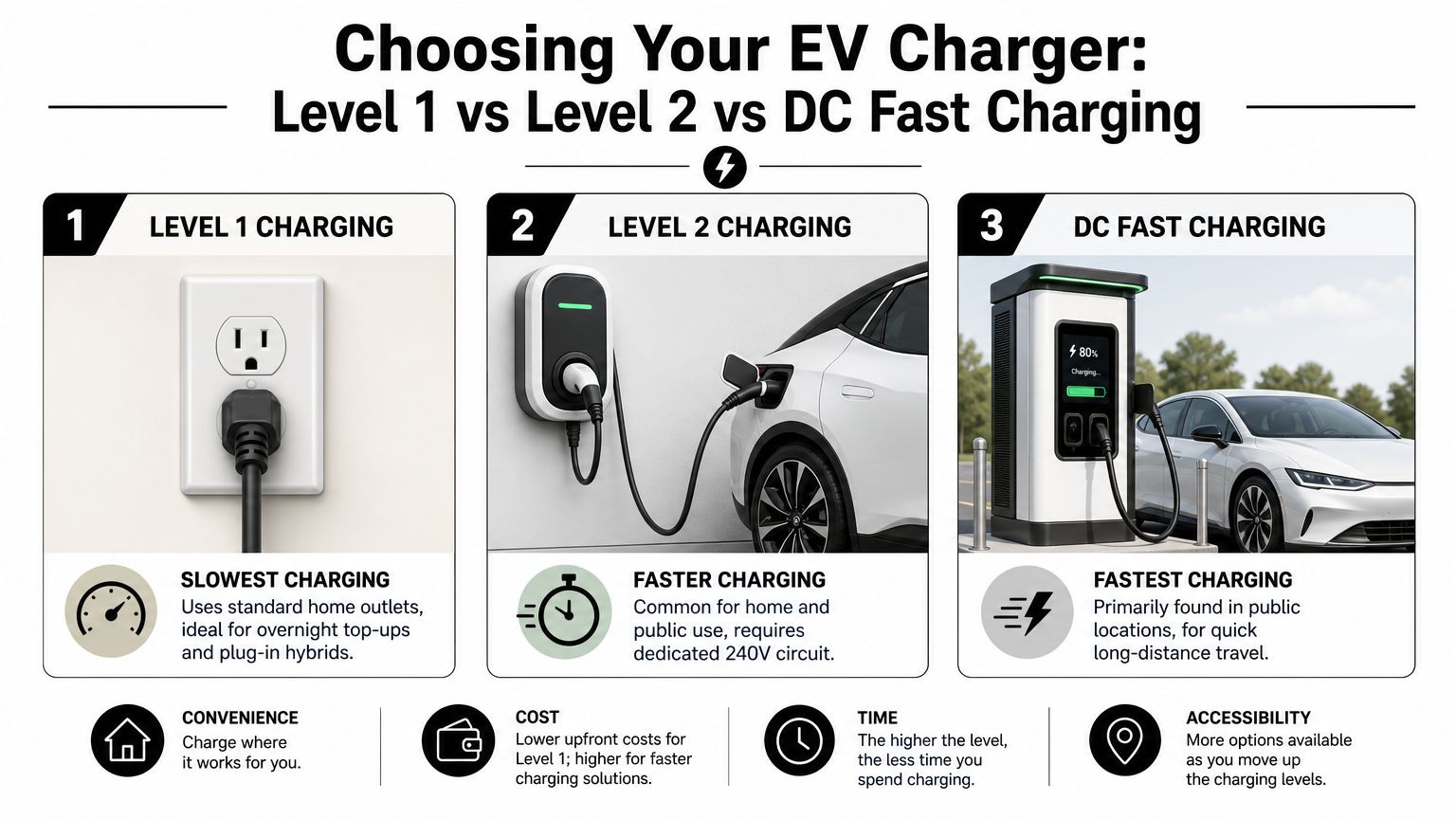 A comparison infographic showing the differences between Level 1, Level 2, and DC fast EV charging stations.