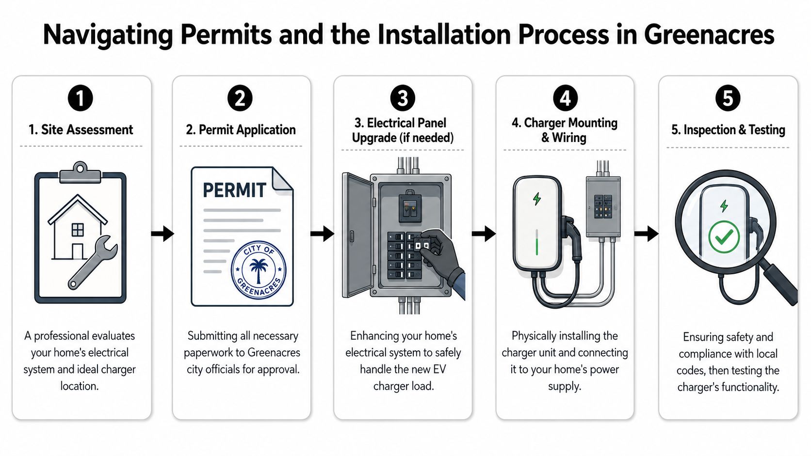 A flowchart showing the five steps of EV charger installation and permitting in Greenacres, Florida.