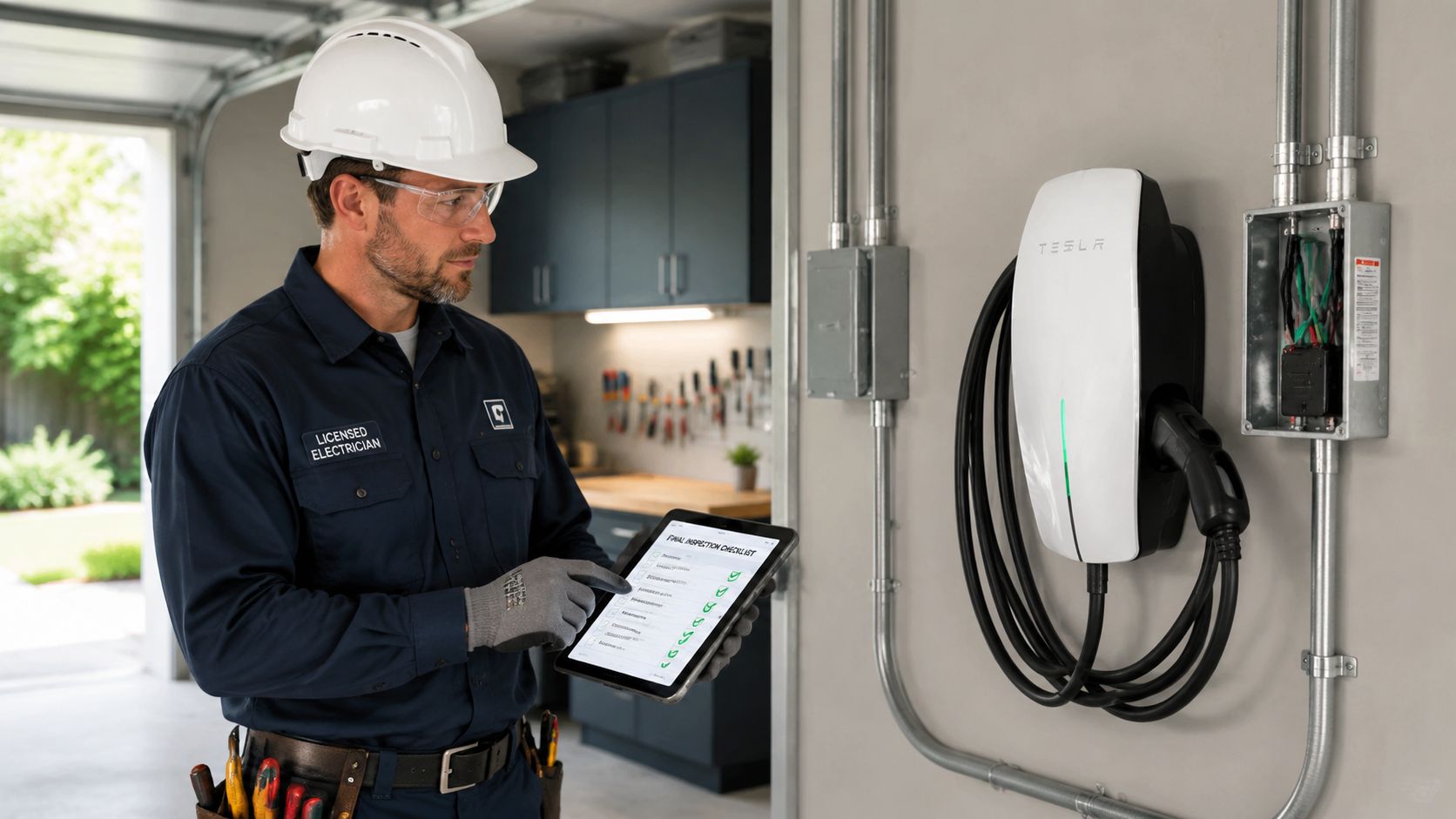 A professional electrician in a hard hat holding a digital checklist next to a Tesla wall charger.