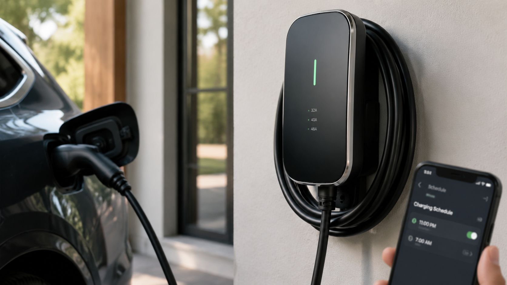 A modern electric vehicle charging station mounted on a wall, connected to a car while being managed by smartphone.
