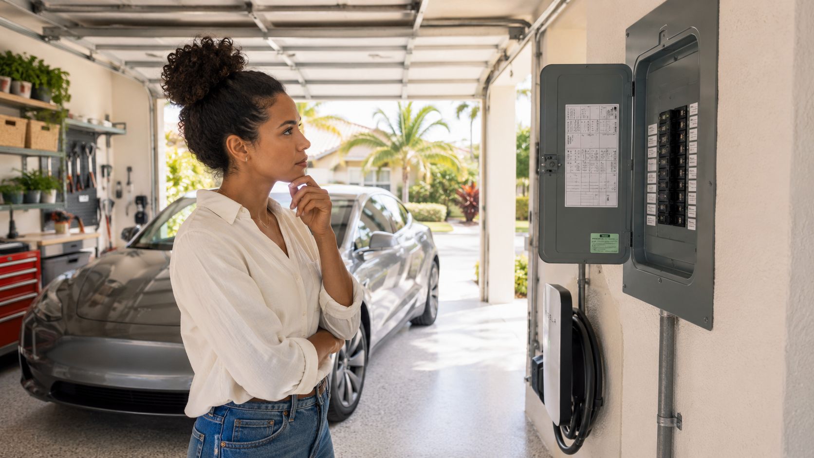 ev charger installation in lake worth fl electrical panel EV Charger Installation in Lake Worth FL: Expert Services A clean EV charger installation in Lake Worth FL starts with the house, not the charger. If you understand the site, the electrical capacity, and the permit path before work begins, the install is smoother, the quote is more accurate, and you avoid the common surprise costs that frustrate homeowners. A woman looks thoughtful while inspecting a home electrical panel near her electric vehicle in a garage.
