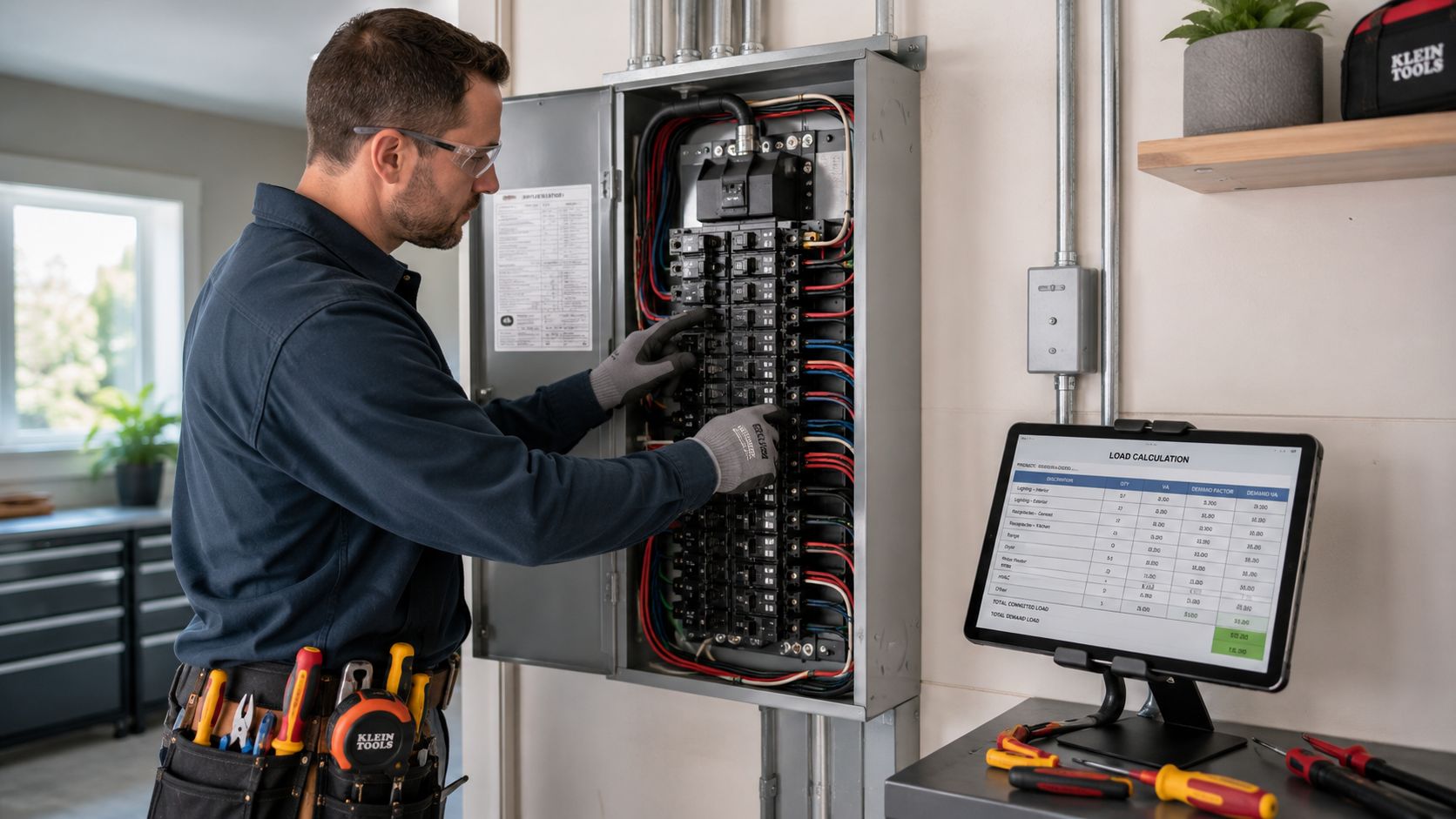 An electrician wearing protective gear performs maintenance on an electrical panel while referencing data on a tablet.