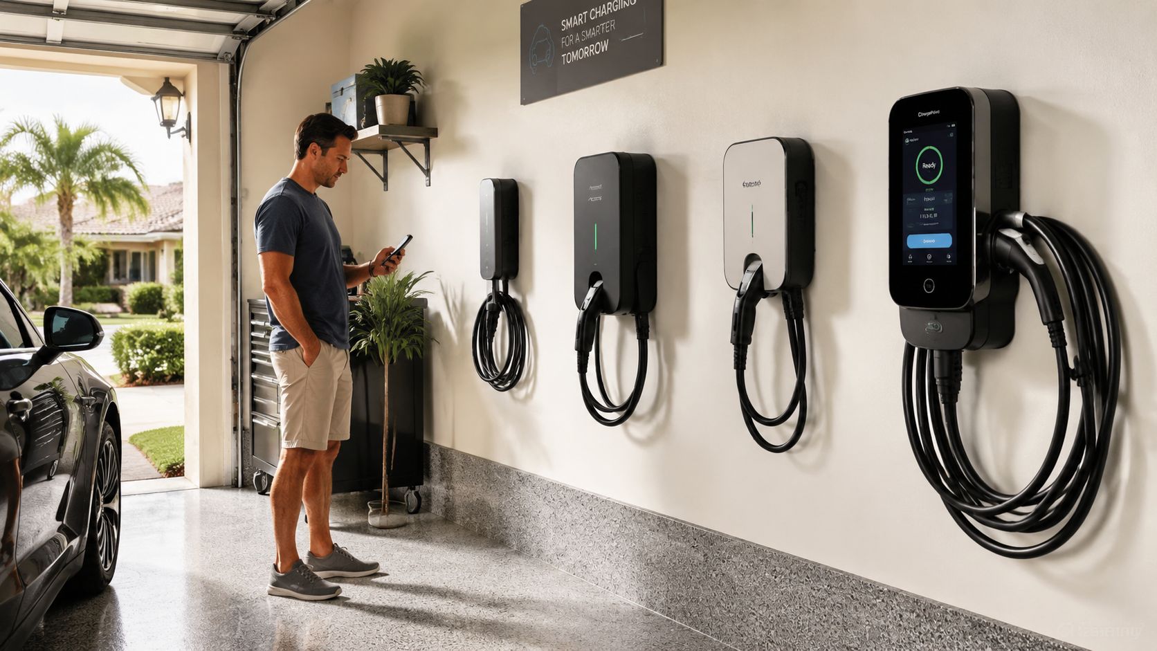 ev charger installation in royal palm beach fl ev charging EV Charger Installation in Royal Palm Beach FL: Your 2026 That's why EV charger installation in Royal Palm Beach FL needs a local approach. A generic checklist won't tell you much about older panels in Palm Beach County homes, long driveway parking setups, or what happens when heat, storms, and air-conditioning loads all hit at once. Good installations are built around the house, the car, and how the homeowner lives. A man stands in his garage checking his smartphone next to four wall-mounted electric vehicle charging stations.
