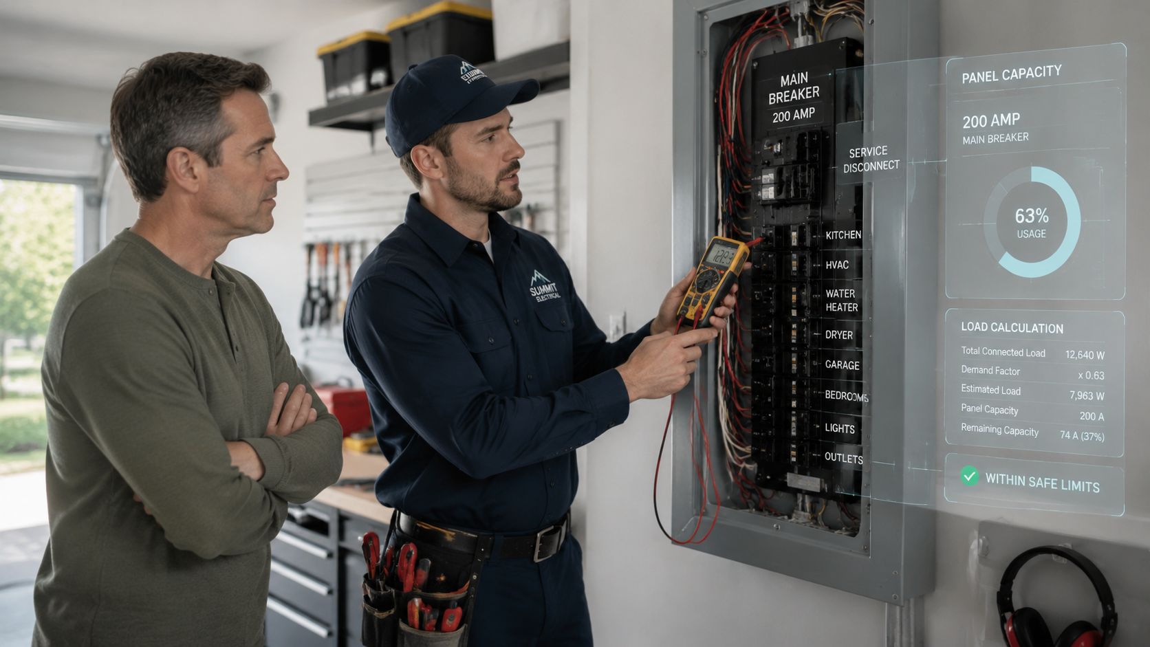 An electrician performs a diagnostic check on a home electrical panel while discussing capacity with a homeowner.