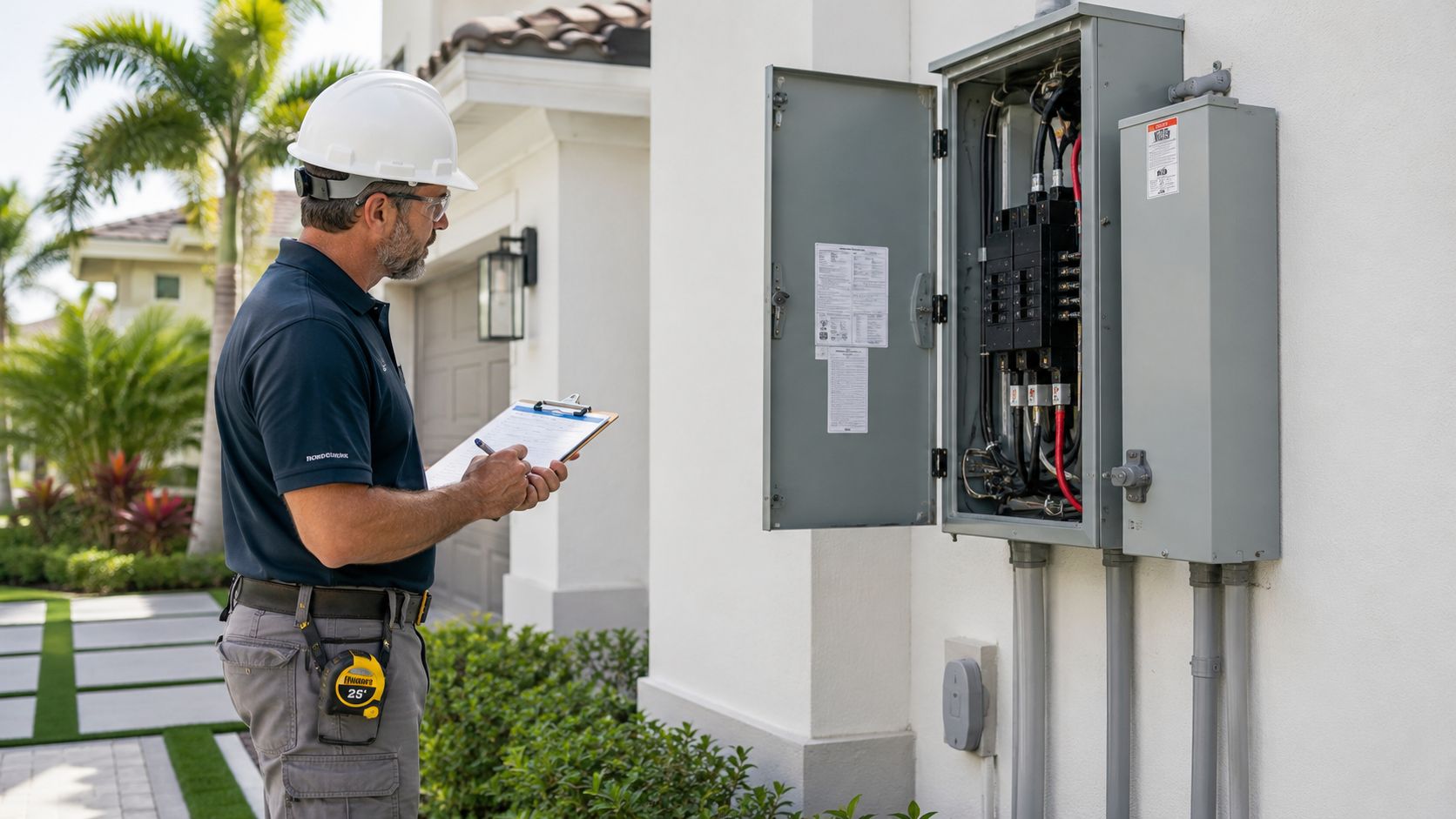 ev charger installation near palm beach fl electrician inspection EV Charger Installation Near Palm Beach FL: A Local Guide That's usually when people start searching for EV charger installation near Palm Beach FL. They want a straight answer. Can the house handle it? Do they need a panel upgrade? Does the city require permits? If they live in a condo or deal with an HOA, who approves what? A professional electrician in a hard hat inspects an outdoor electrical panel while taking notes.