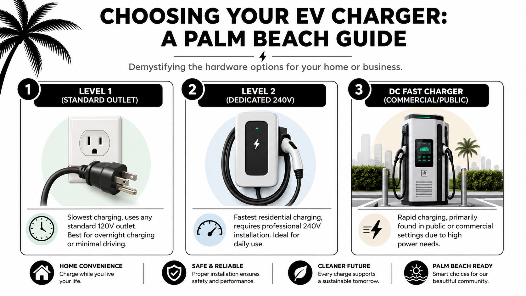 ev charger installation near palm beach fl ev charging guide EV Charger Installation Near Palm Beach FL: A Local Guide That's usually when people start searching for EV charger installation near Palm Beach FL. They want a straight answer. Can the house handle it? Do they need a panel upgrade? Does the city require permits? If they live in a condo or deal with an HOA, who approves what? An infographic titled Choosing Your EV Charger explaining Level 1, Level 2, and DC fast charging options.