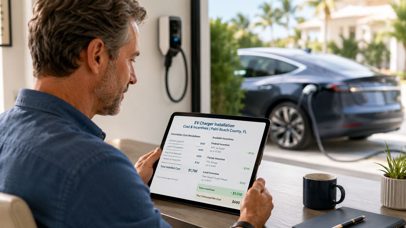 ev charger installation near palm beach fl ev charging EV Charger Installation Near Palm Beach FL: A Local Guide That's usually when people start searching for EV charger installation near Palm Beach FL. They want a straight answer. Can the house handle it? Do they need a panel upgrade? Does the city require permits? If they live in a condo or deal with an HOA, who approves what? A man reviewing a digital document about EV charger installation costs and incentives in Palm Beach, Florida.
