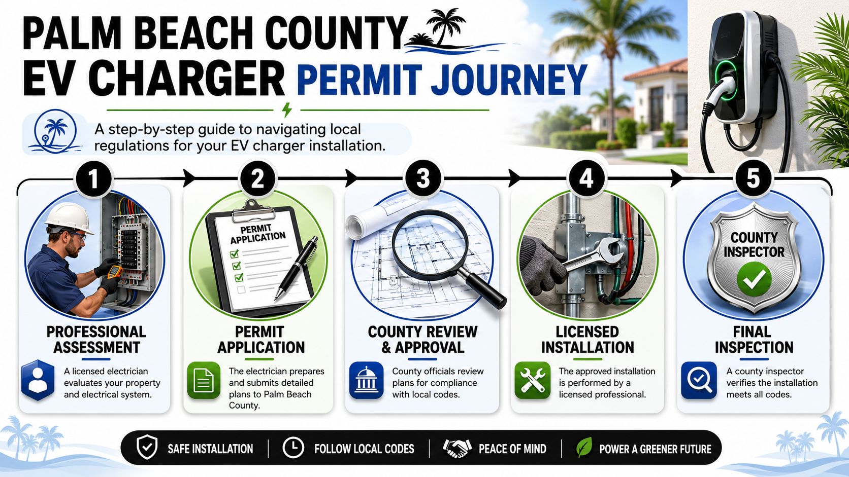 ev charger installation near palm beach fl ev permit journey.jpg EV Charger Installation Near Palm Beach FL: A Local Guide That's usually when people start searching for EV charger installation near Palm Beach FL. They want a straight answer. Can the house handle it? Do they need a panel upgrade? Does the city require permits? If they live in a condo or deal with an HOA, who approves what? A five-step infographic guide detailing the permit process for installing an EV charger in Palm Beach County.