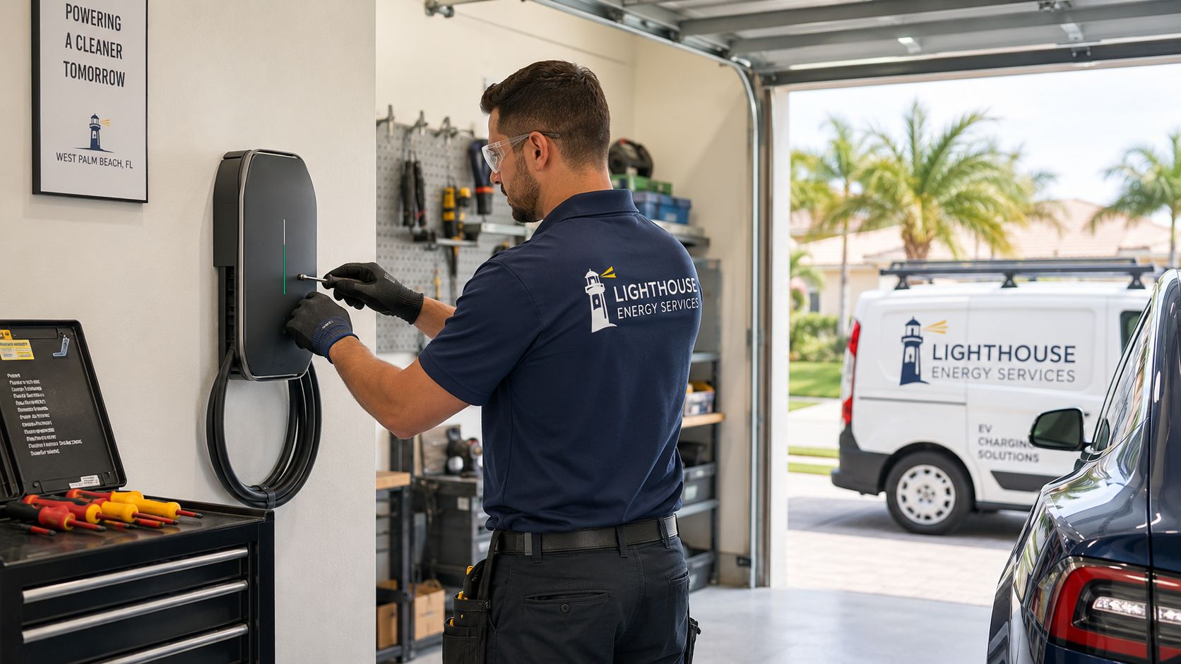 A professional electrician from Lighthouse Energy Services installs an EV charger on a garage wall.