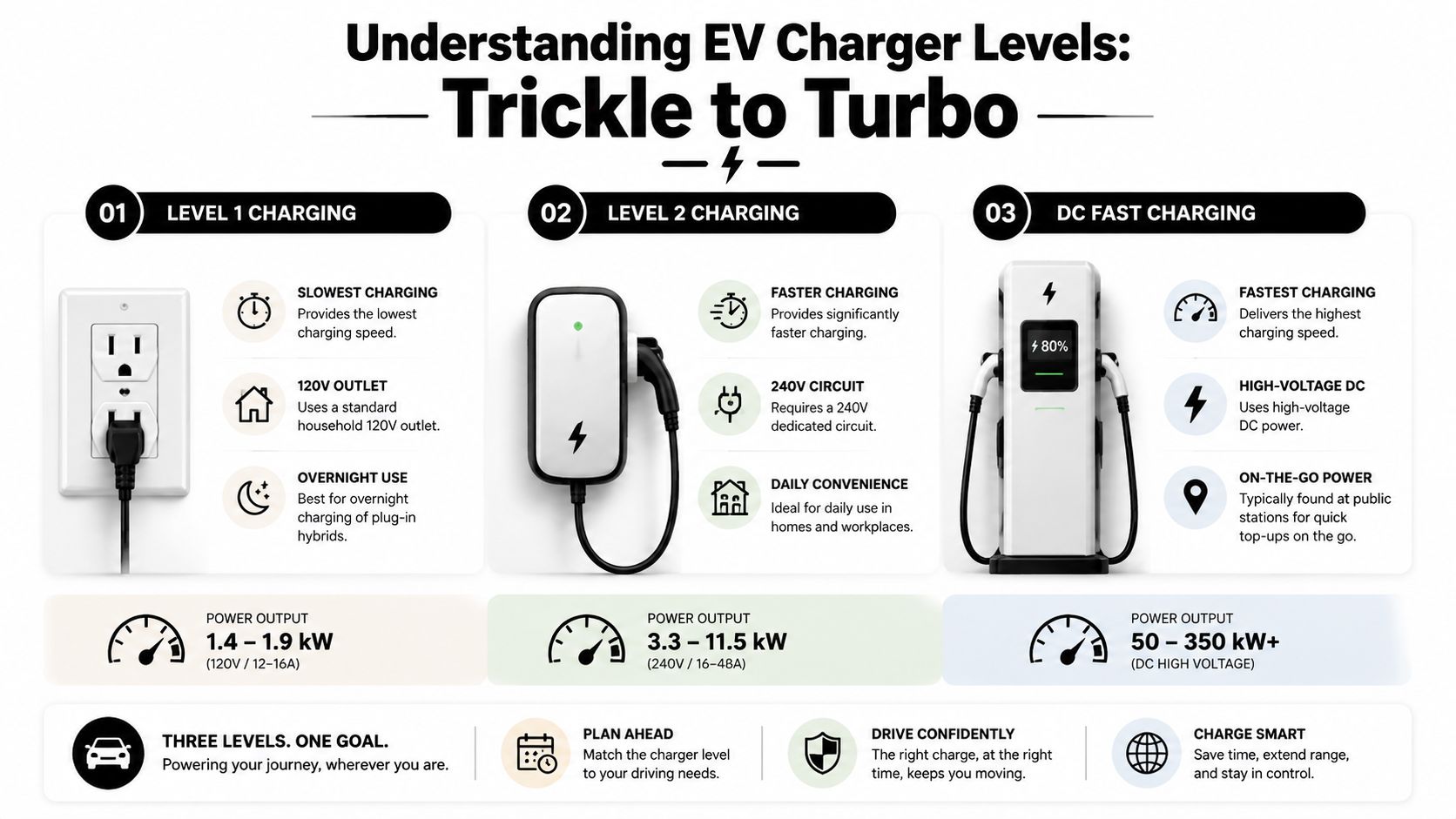 An infographic illustrating the three levels of electric vehicle charging: Level 1, Level 2, and DC Fast Charging.